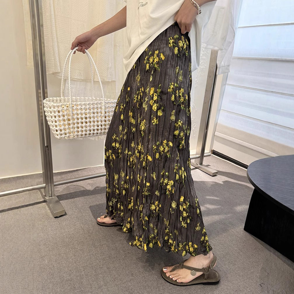 【ボトムス】春夏新作 気質 ゴムウエスト リゾート風 プリーツフラワー柄 スカート【SHシリーズ】