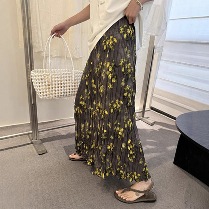 【ボトムス】春夏新作 気質 ゴムウエスト リゾート風 プリーツフラワー柄 スカート【SHシリーズ】