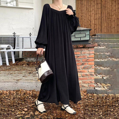 【ワンピース】夏春秋 全7色 韓国風オフショルダー ゆったり シルエットでスリムに見える 長袖ワンピース