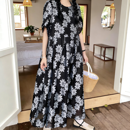 【ワンピース】【3色展開】夏新作 日韓風 大きいサイズ ゆったりシルエット 半袖 花柄ロングワンピース レディース【SHシリーズ】