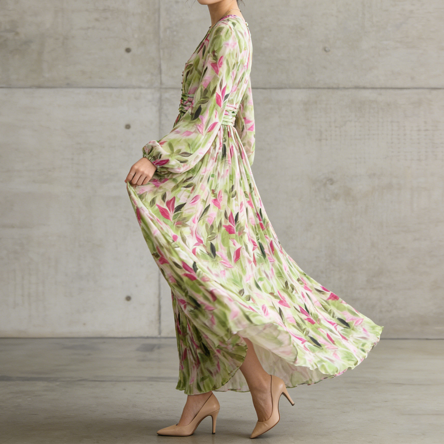 【ワンピース】Vネック ランタンスリーブ ウエストマーク プリーツ加工 花柄 フレア ロングワンピース レディース【SHシリーズ】