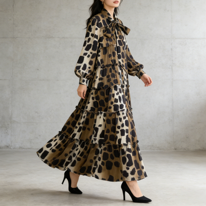 【ワンピース】プリントVネック お腹周りカバー フリル 長袖 ワンピース 【SHシリーズ】