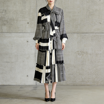 【ワンピース】シングルボタン プリント レディライク フレア 長袖 ワンピース 【SHシリーズ】