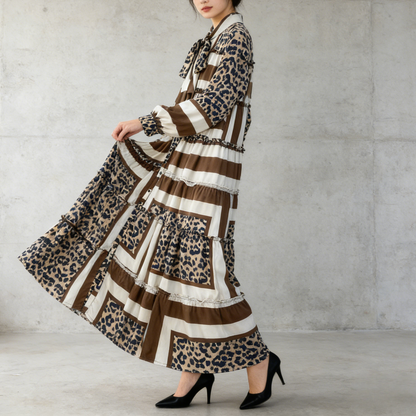 【ワンピース】プリントVネック お腹周りカバー フリル 長袖 ワンピース 【SHシリーズ】