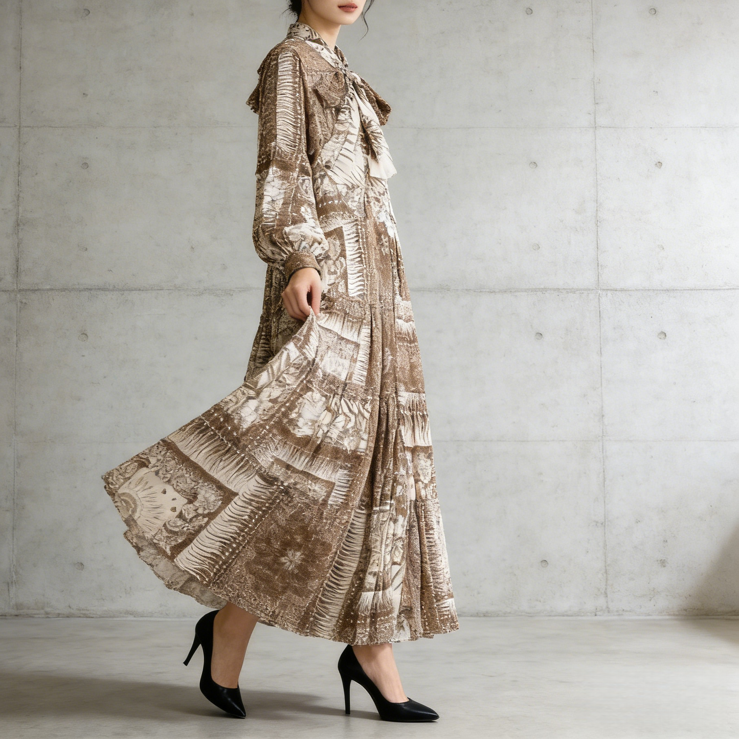 【ワンピース】プリントVネック お腹周りカバー フリル 長袖 ワンピース 【SHシリーズ】