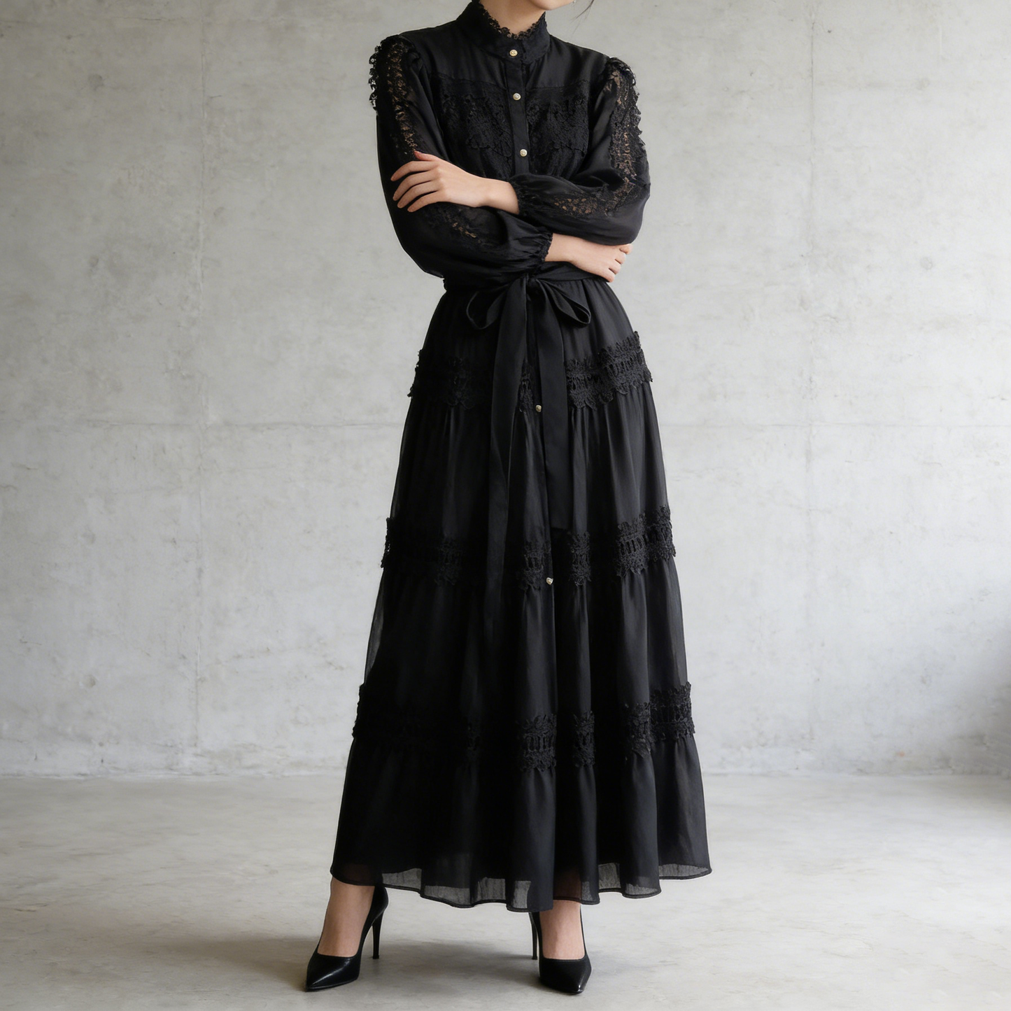 【ワンピース】フレンチヴィンテージ レース切替 スタンドカラー ウエストマーク フレア 長袖ワンピース【JZシリーズ】