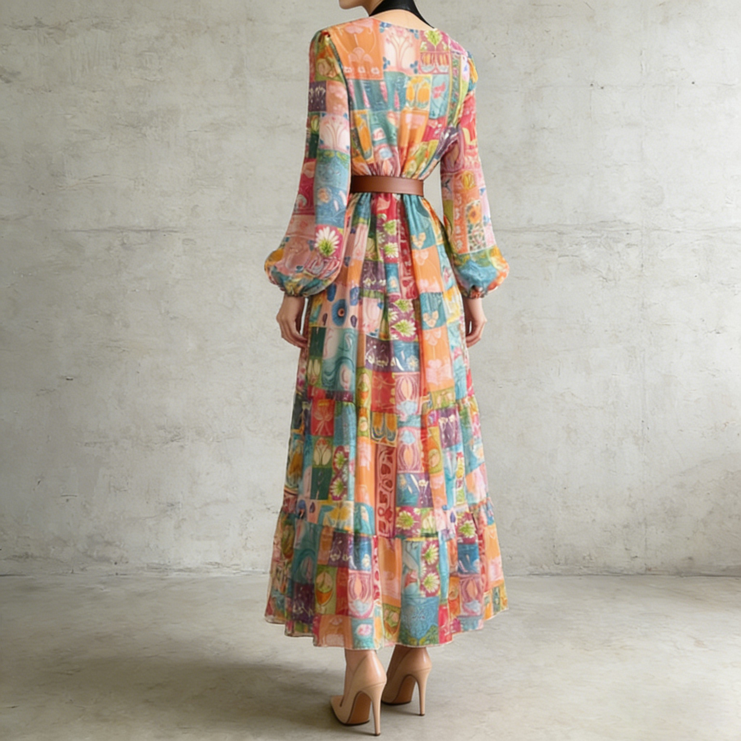 【ワンピース】欧米風 Vネック プリント シフォン長袖ワンピース フレア ロング丈 レディース【SHシリーズ】