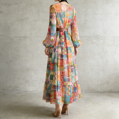 【ワンピース】欧米風 Vネック プリント シフォン長袖ワンピース フレア ロング丈 レディース【SHシリーズ】