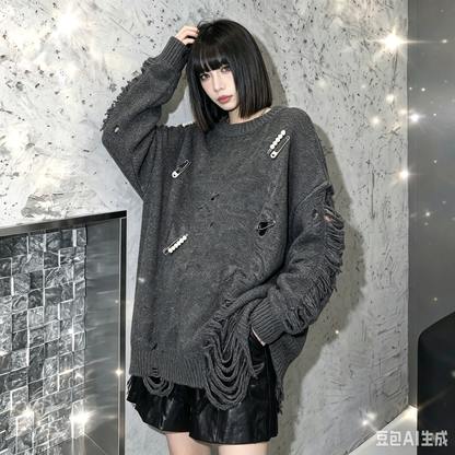 【トップス】パールピン付きダメージニット レディース 秋冬新作 フリンジ ゆったり ドロップショルダー モード セーター【JZシリーズ】