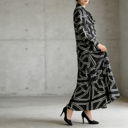 【ワンピース】プリントVネック お腹周りカバー フリル 長袖 ワンピース 【SHシリーズ】