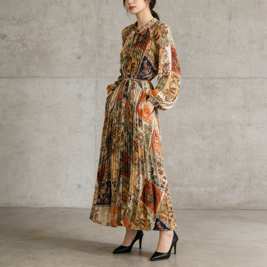 【ワンピース】ラウンドネック サテン プリント プリーツ 長袖 ワンピース 【SHシリーズ】