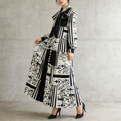 【ワンピース】プリントVネック お腹周りカバー フリル 長袖 ワンピース 【SHシリーズ】