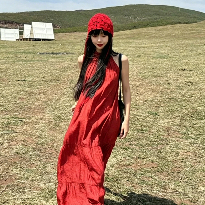 酒紅色掛脖無袖度假連身裙｜海邊旅行長裙【JZ系列】
