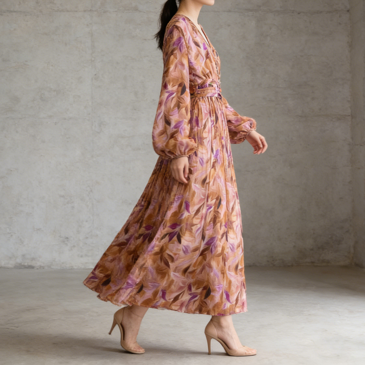 【ワンピース】大人フェミニン♡フレンチレトロ 長袖 花柄ワンピース｜ウエストマーク＆パフスリーブで細見え【SHシリーズ】