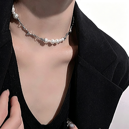【グッズ】メタルパールネックレス ユニセックス 個性デザイン チェーンネックレス モードアクセサリー