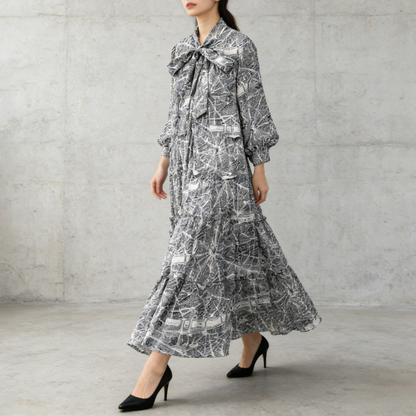 【ワンピース】プリントVネック お腹周りカバー フリル 長袖 ワンピース 【SHシリーズ】