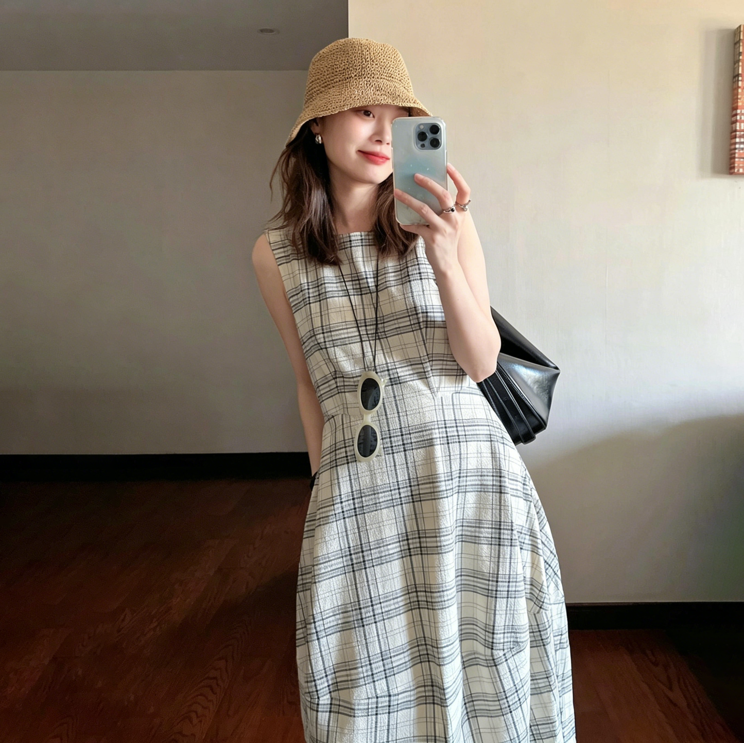 【ワンピース】レトロ チェック柄 ノースリーブ ワンピース レディース 春夏 ウエストマーク 上品 高級感 きれいめ ロングワンピース【JZシリーズ】