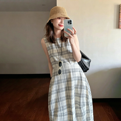 【ワンピース】レトロ チェック柄 ノースリーブ ワンピース レディース 春夏 ウエストマーク 上品 高級感 きれいめ ロングワンピース【JZシリーズ】