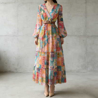 【ワンピース】欧米風 Vネック プリント シフォン長袖ワンピース フレア ロング丈 レディース【SHシリーズ】