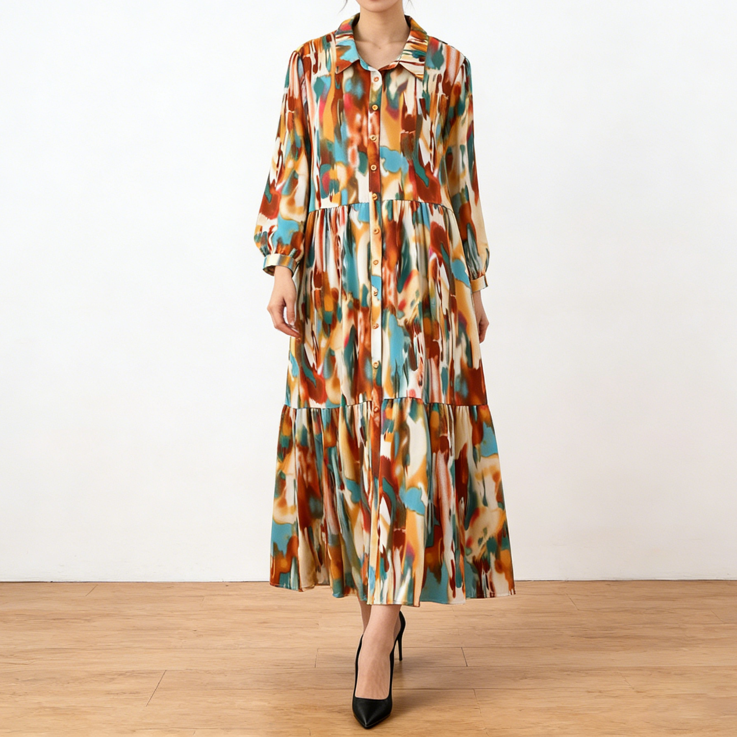 4カラー【ワンピース】個性派 グラデーション柄 長袖 ゆったりシルエット 体型カバー Aライン フレア シャツワンピース レディース ワンピース【SHシリーズ】