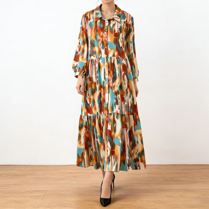 4カラー【ワンピース】個性派 グラデーション柄 長袖 ゆったりシルエット 体型カバー Aライン フレア シャツワンピース レディース ワンピース【SHシリーズ】