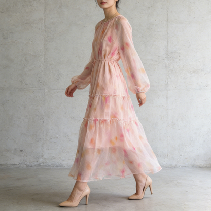 【ワンピース】長袖 ラウンドネック ウエストマーク Aライン 絞り染めプリント ロングワンピース リゾート 海辺 フレアワンピース【SHシリーズ】