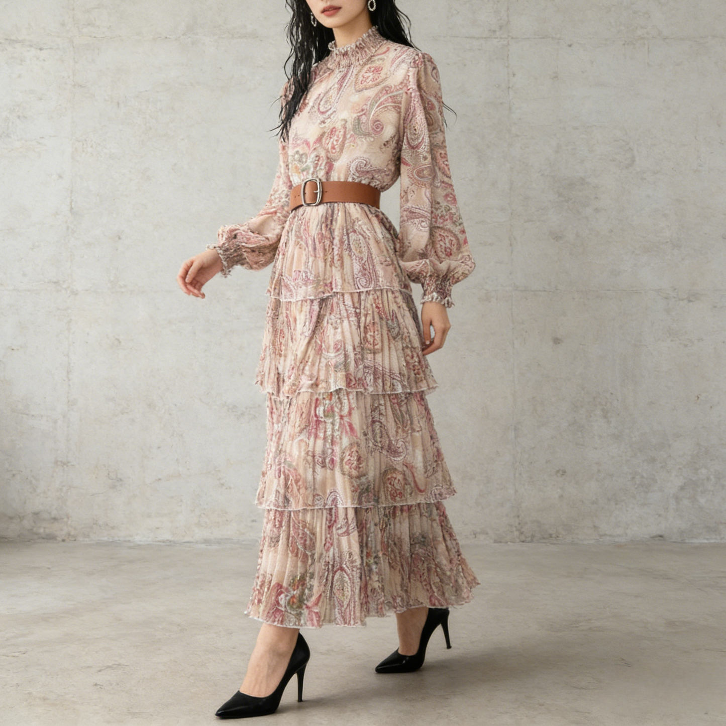 【ワンピース】ボリュームスリーブ プリント ウエスト切り替え ふんわり フレア 長袖 ワンピース 【SHシリーズ】