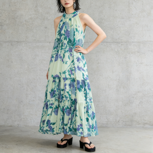 期間限定⭐️60%OFF【ワンピース】リゾート ホルターネック バックオープン シフォン フレア ノースリーブ ビーチワンピース 【SHシリーズ】