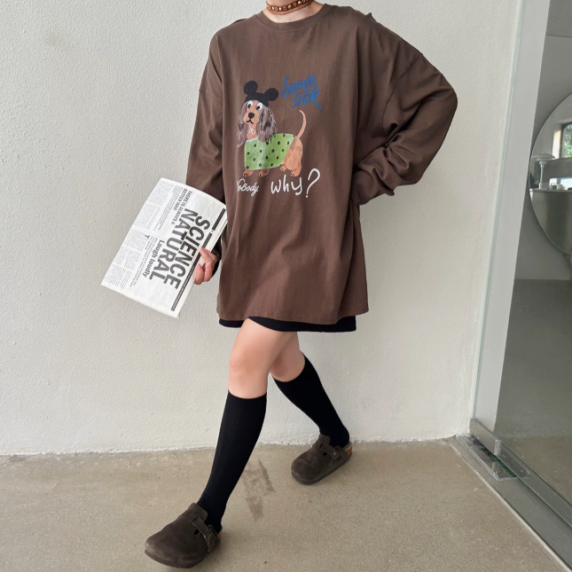 【トップス】レディース 犬プリントフード付き長袖Tシャツ ウォッシュ加工 韓国風 レトロ【FCシリーズ】