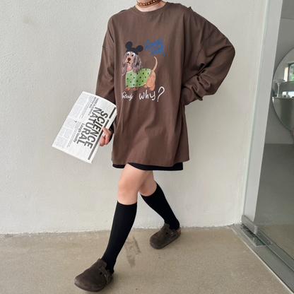 【トップス】レディース 犬プリントフード付き長袖Tシャツ ウォッシュ加工 韓国風 レトロ【FCシリーズ】