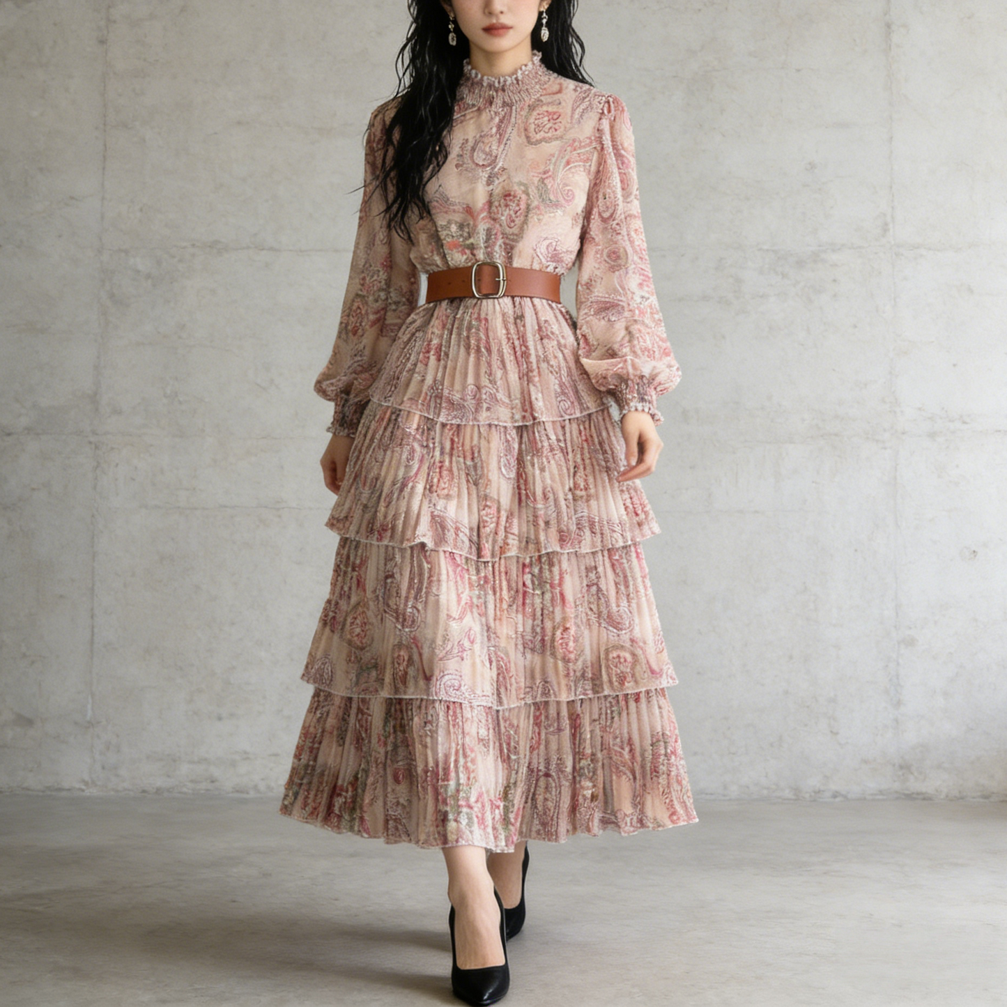 【ワンピース】ボリュームスリーブ プリント ウエスト切り替え ふんわり フレア 長袖 ワンピース 【SHシリーズ】