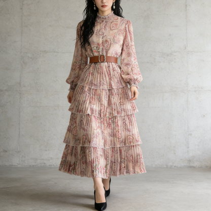 【ワンピース】ボリュームスリーブ プリント ウエスト切り替え ふんわり フレア 長袖 ワンピース 【SHシリーズ】