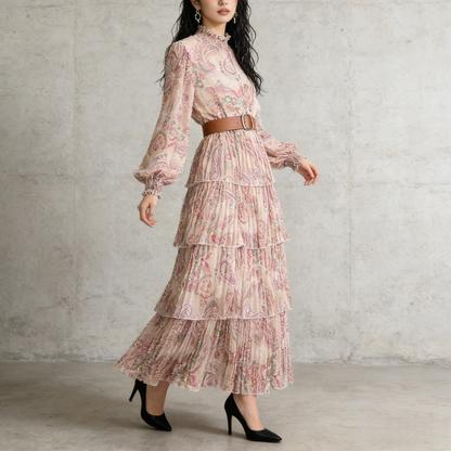 【ワンピース】ボリュームスリーブ プリント ウエスト切り替え ふんわり フレア 長袖 ワンピース 【SHシリーズ】