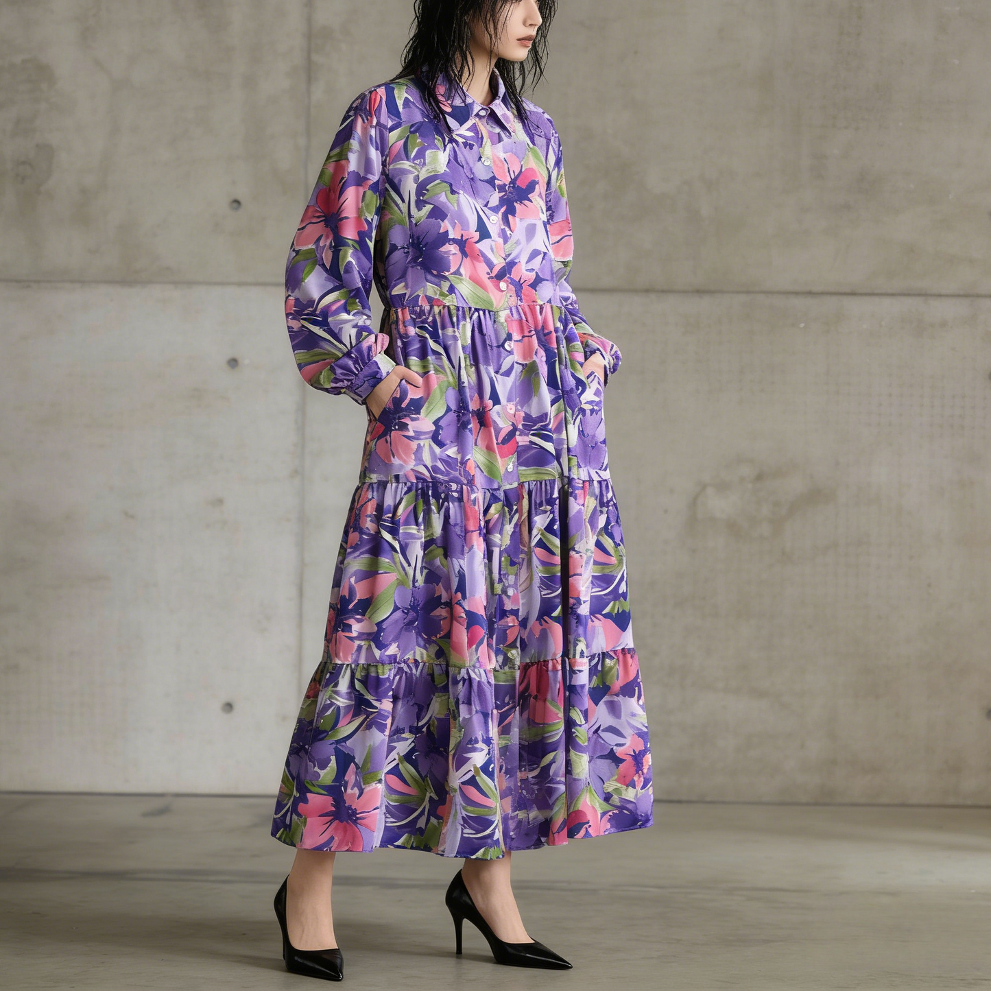 【60%OFF⭐️早い者勝ち】【ワンピース】プリント シングルボタン シャツ ロング丈 長袖 ワンピース 【SHシリーズ】