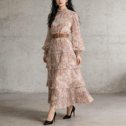 【ワンピース】ボリュームスリーブ プリント ウエスト切り替え ふんわり フレア 長袖 ワンピース 【SHシリーズ】