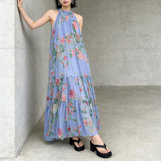 【ワンピース】リゾート ホルターネック バックオープン シフォン フレア ノースリーブ ビーチワンピース 【SHシリーズ】