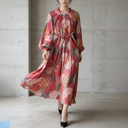 【ワンピース】前開き バルーンスリーブ タック入り フレア 長袖 ワンピース 【SHシリーズ】