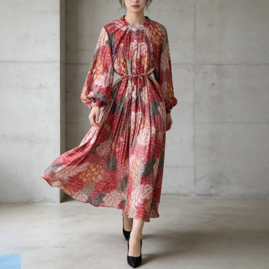 【ワンピース】前開き バルーンスリーブ タック入り フレア 長袖 ワンピース 【SHシリーズ】