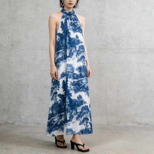 期間限定⭐️60%OFF【ワンピース】ホルターネック 水墨風 ノースリーブ リゾート ノースリーブ ワンピース 【SHシリーズ】