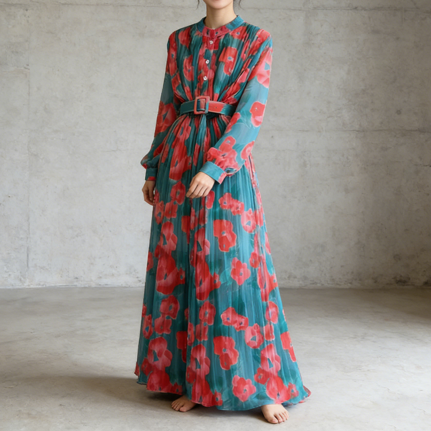 期間限定⭐60%OFF【ワンピース】美人見え確定✨ クラシック 花柄 プリーツ 長袖ワンピース｜高見え立襟＆ウエストマークで細見え【SHシリーズ】