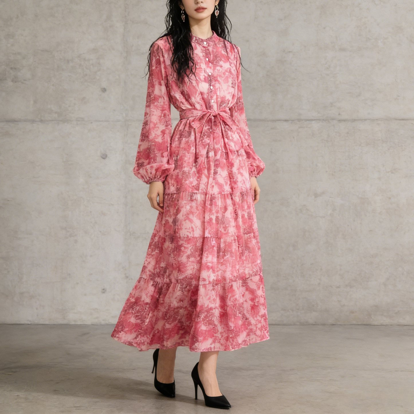 【ワンピース】シフォン フェミニン ウエスト切り替え 長袖 ワンピース【SHシリーズ】