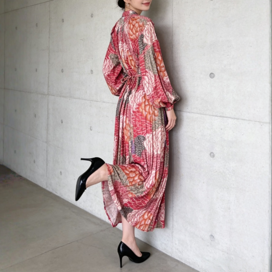 【ワンピース】前開き バルーンスリーブ タック入り フレア 長袖 ワンピース 【SHシリーズ】