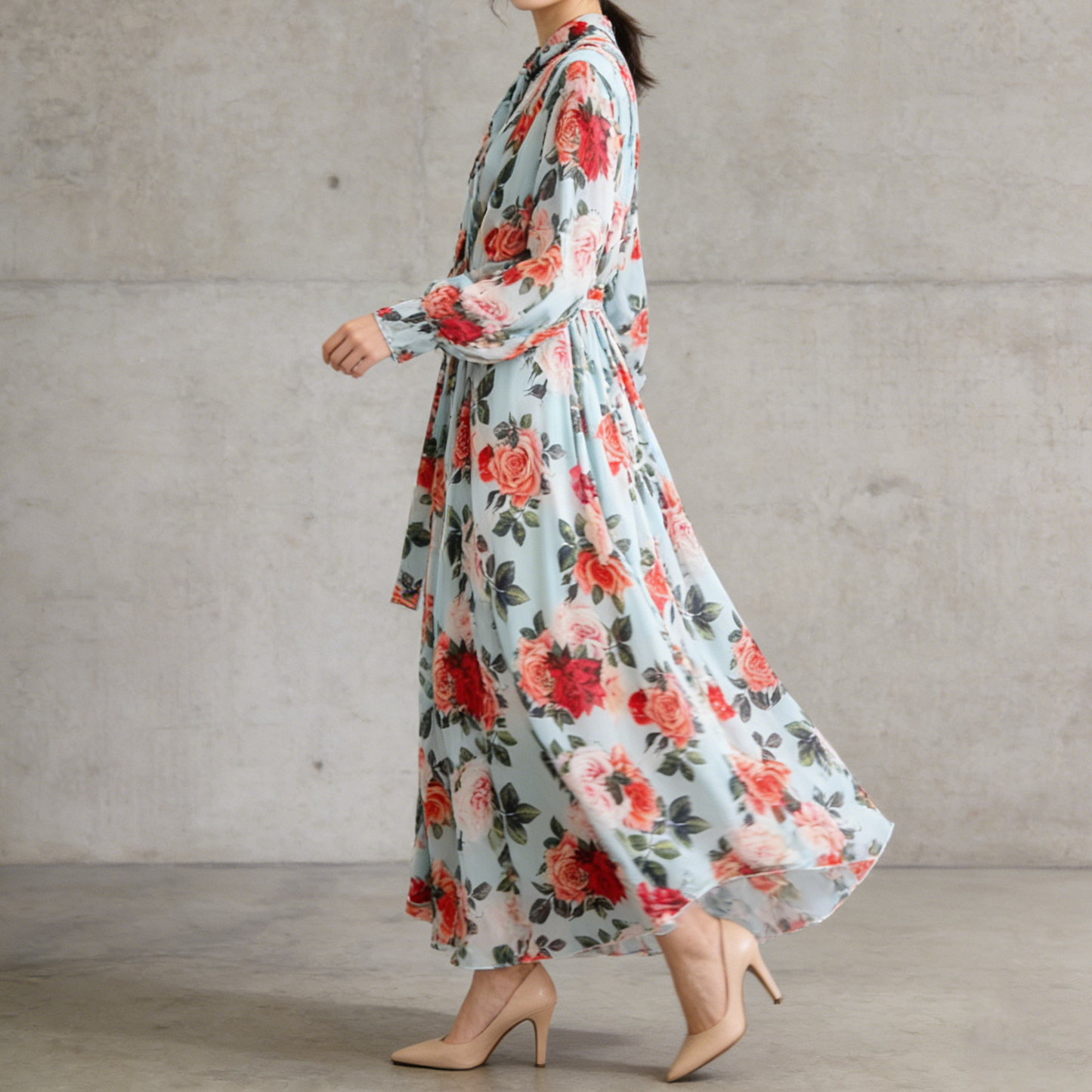 【ワンピース】花柄 フレンチエレガンス 気質 レディース シフォン 長袖ワンピース 蝶結びネック フレア 大人可愛い【SHシリーズ】