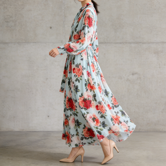 【ワンピース】花柄 フレンチエレガンス 気質 レディース シフォン 長袖ワンピース 蝶結びネック フレア 大人可愛い【SHシリーズ】