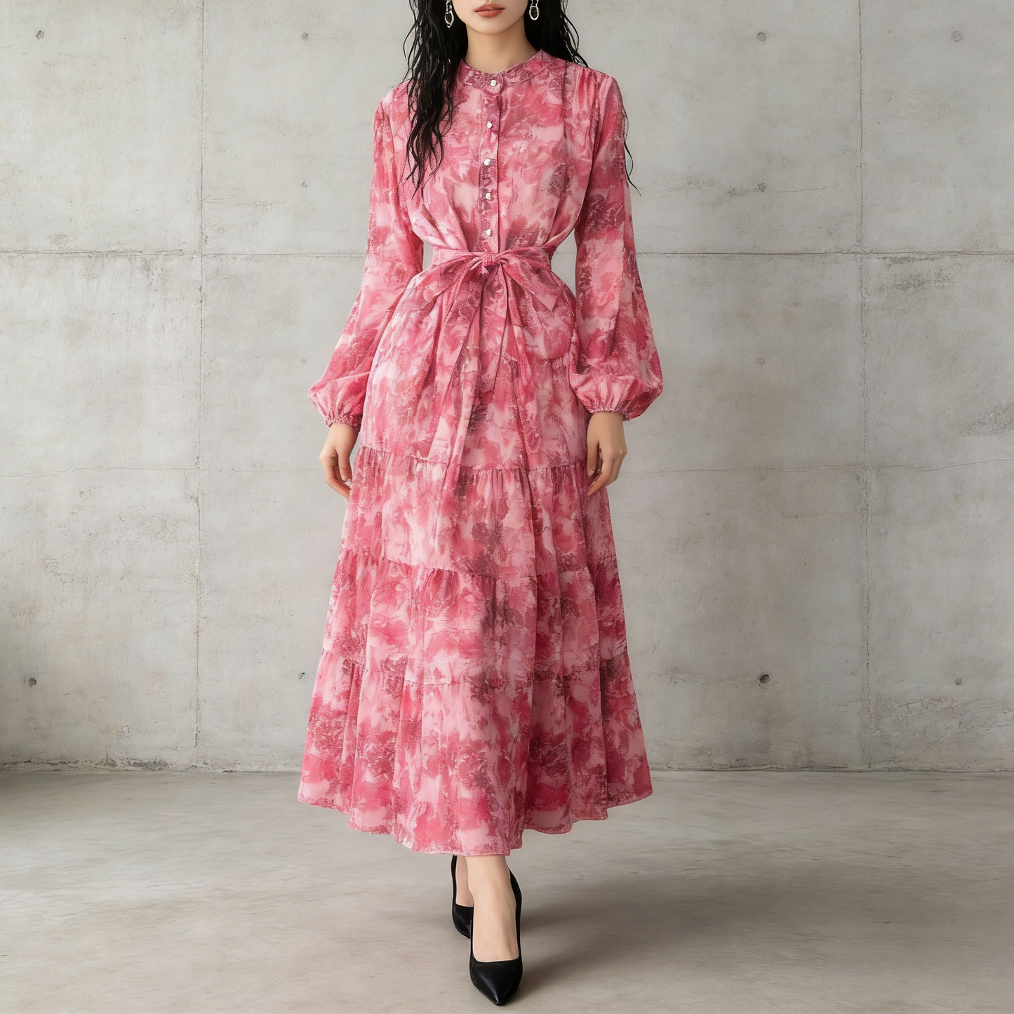 【ワンピース】シフォン フェミニン ウエスト切り替え 長袖 ワンピース【SHシリーズ】