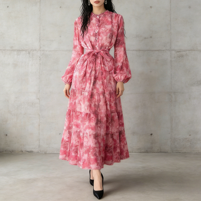 【ワンピース】シフォン フェミニン ウエスト切り替え 長袖 ワンピース【SHシリーズ】