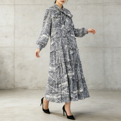 【ワンピース】プリントVネック お腹周りカバー フリル 長袖 ワンピース 【SHシリーズ】