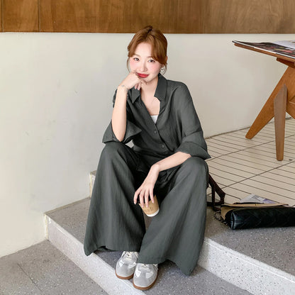 2点セット！【セットアップ】オールドマネー風 高級感 リボンタイシャツ＋ワイドパンツ 上下セット レディース 細見え【JZシリーズ】