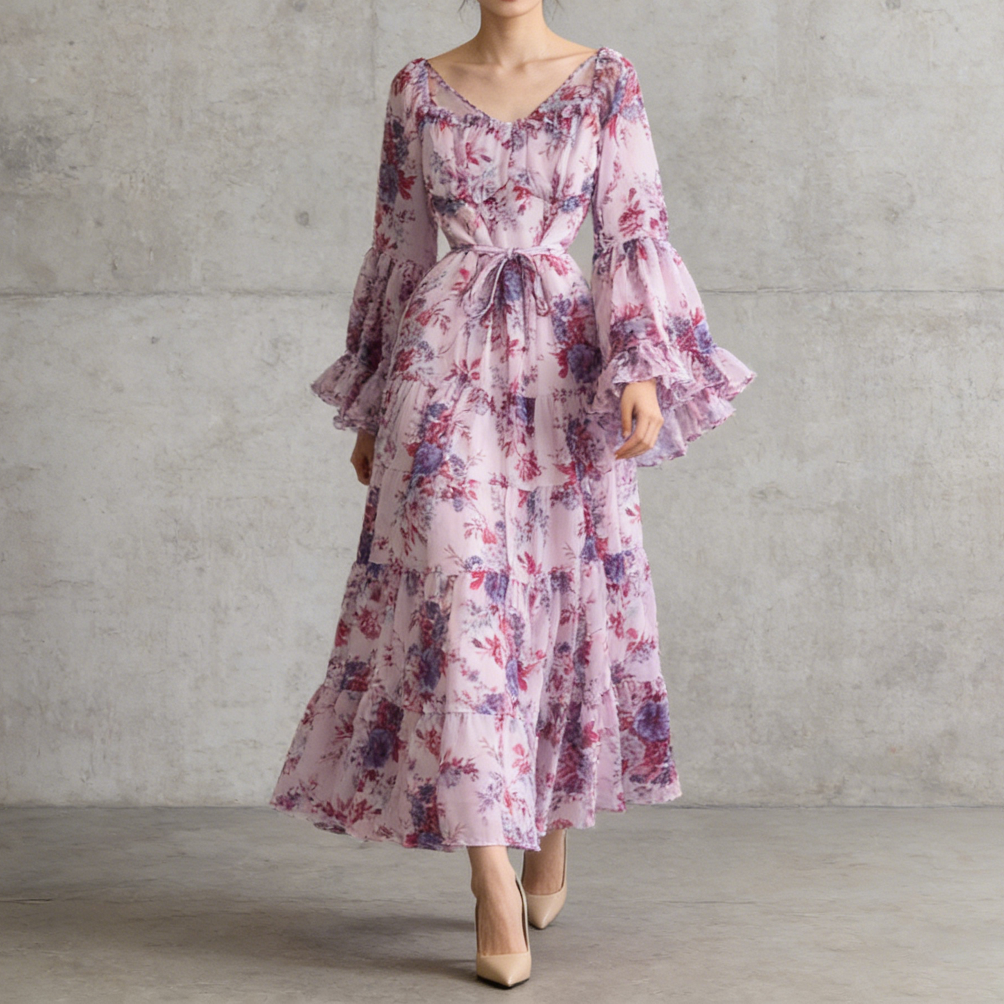 【ワンピース】褒められ確定！フレンチ小衆 長袖 プリントロングワンピース｜シフォン＆ベルスリーブ【SHシリーズ】