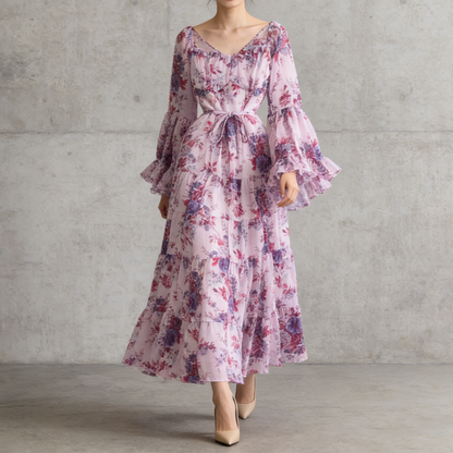 【ワンピース】褒められ確定！フレンチ小衆 長袖 プリントロングワンピース｜シフォン＆ベルスリーブ【SHシリーズ】